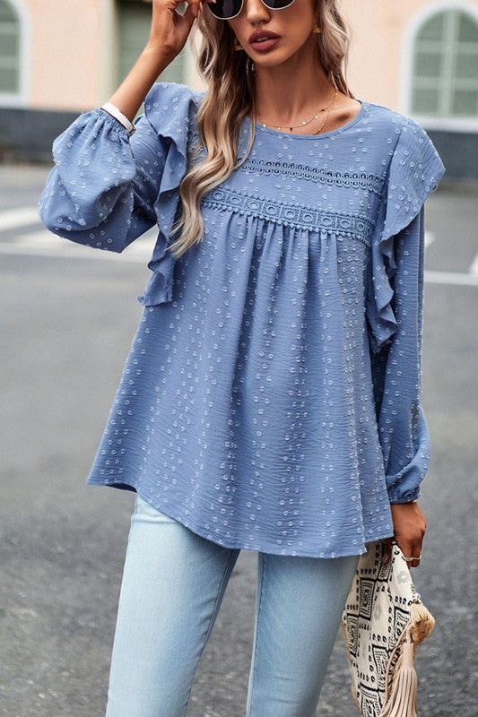 TEEK - Lace Eyelet Ruffle Shoulder Long Sleeve Blouse TOPS TEEK FG   