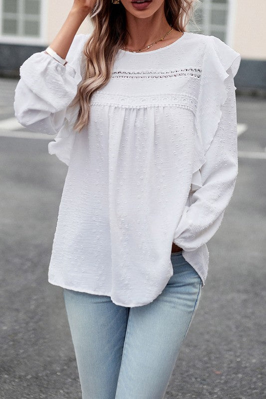 TEEK - Lace Eyelet Ruffle Shoulder Long Sleeve Blouse TOPS TEEK FG   