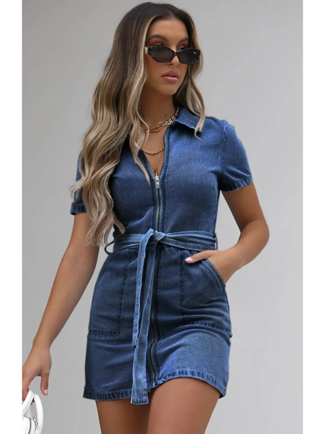 TEEK - Full Size Zip Front Short Sleeve Denim Dress DRESS TEEK Trend Dark Blue S