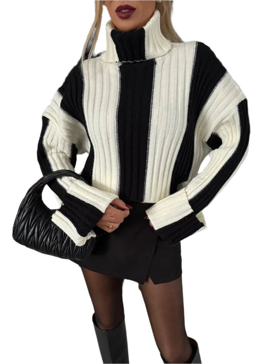 TEEK - Striped Turtleneck Dropped Shoulder Sweater SWEATER TEEK Trend Black S