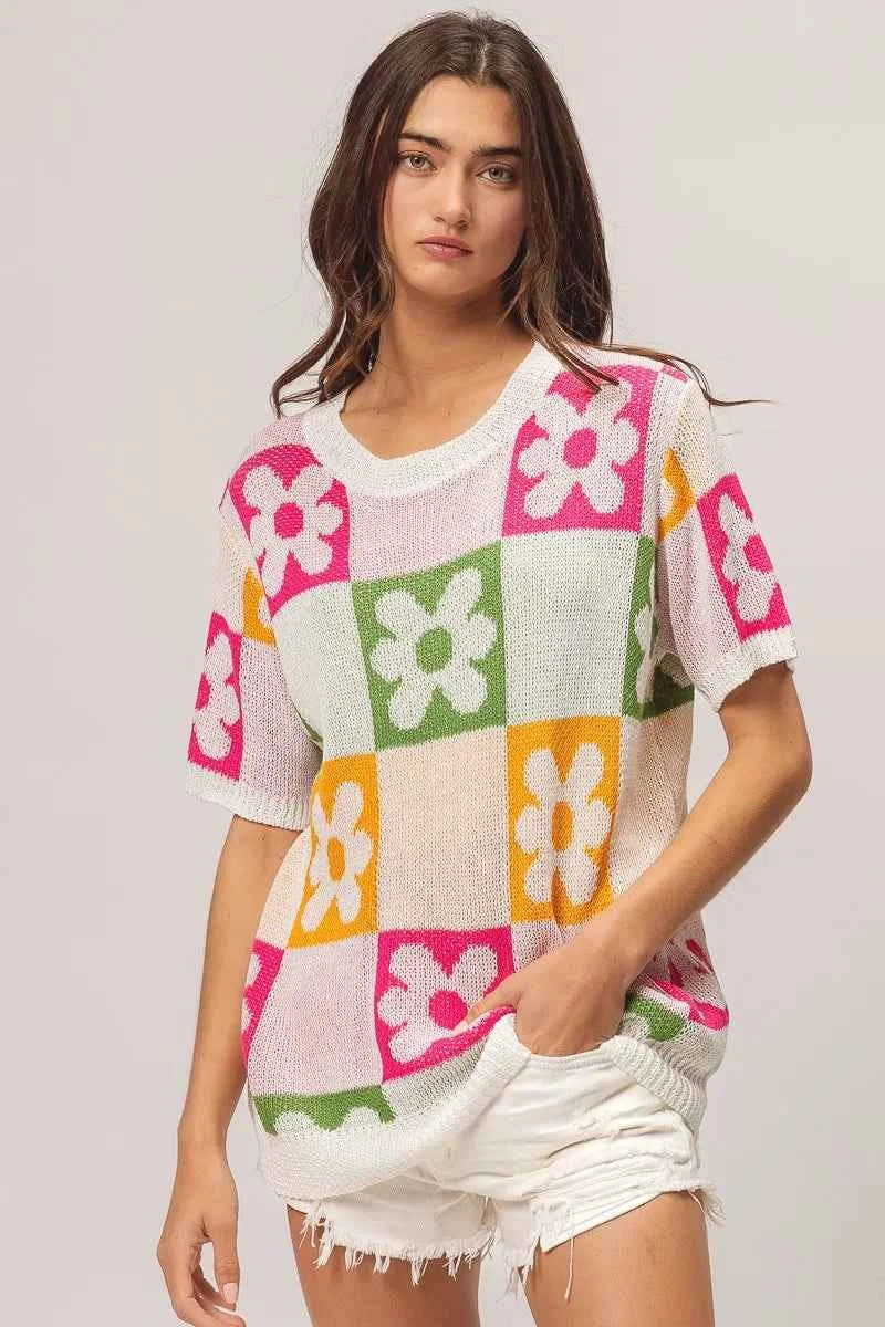 TEEK - Flower Checker Pattern Lightweight Sweater Top TOPS TEEK Trend