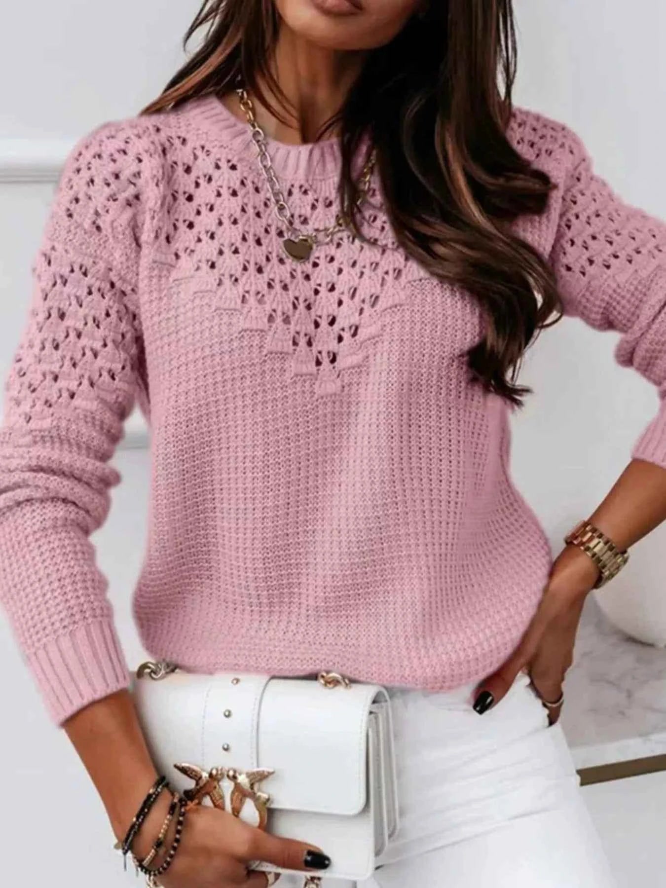 TEEK - Textured Openwork Round Neck Sweater TOPS TEEK Trend