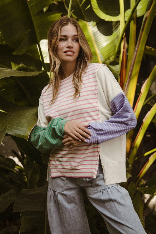 TEEK - Pink Exposed Seam Slit Striped Round Neck Shirt TOPS TEEK Trend