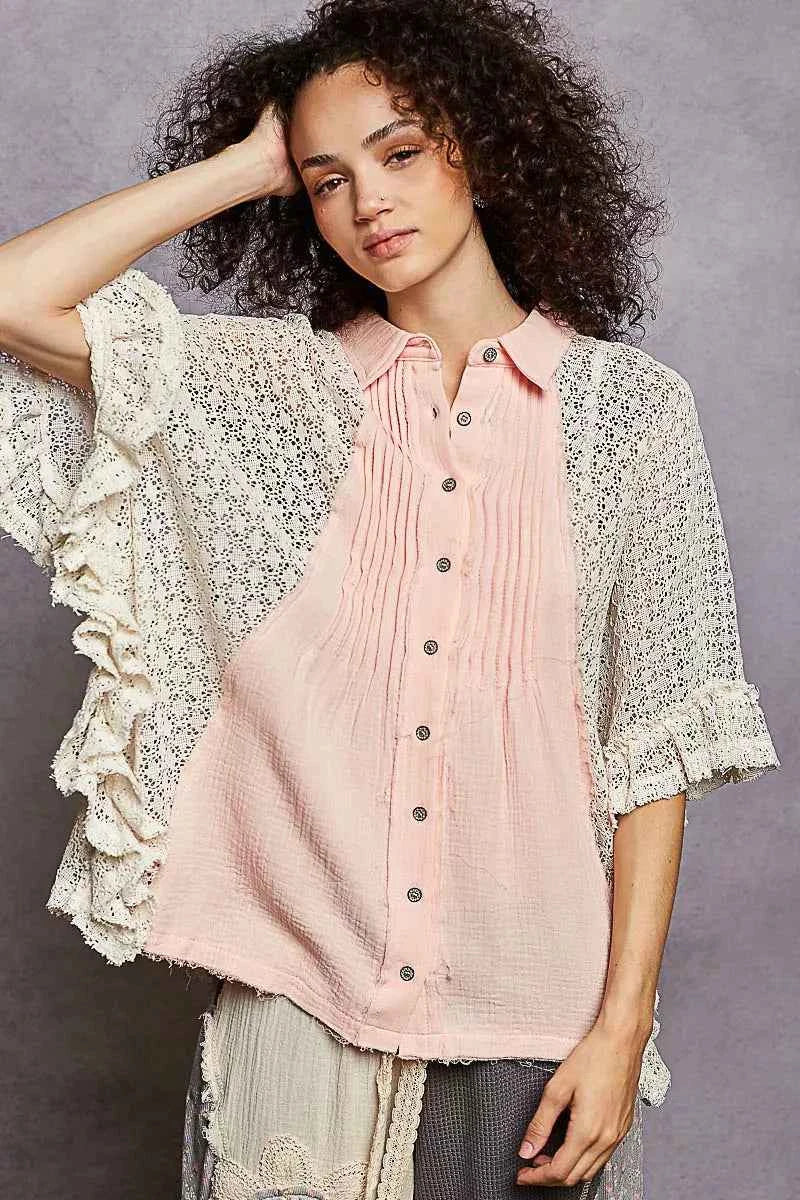 TEEK - Button Down Front Pleated Shirt with Crochet Patch TOPS TEEK Trend