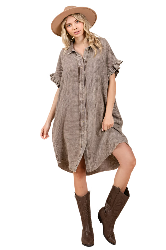 TEEK - Toffee Mineral Wash Cotton Gauze Shirt Dress DRESS TEEK Trend S