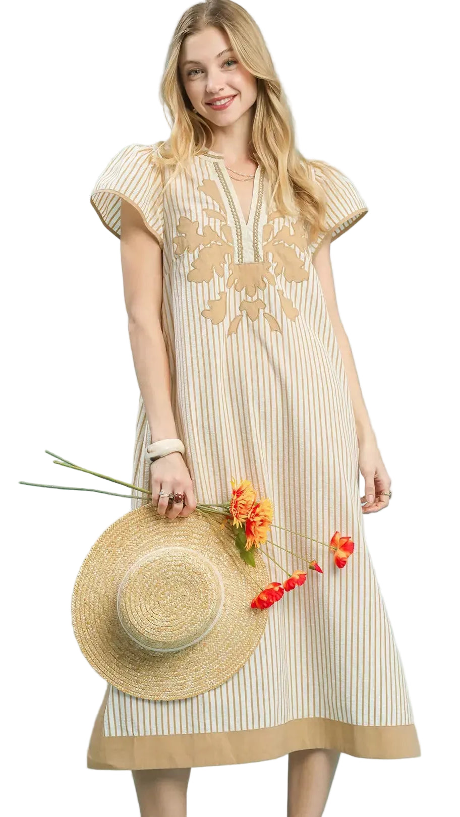 Umgee Stripe Midi Dress with Lace Trim Trendsi LATTE S