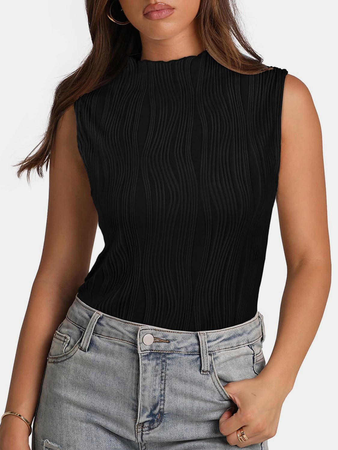 TEEK - Textured Mock Neck Tank TOPS TEEK Trend Black S 