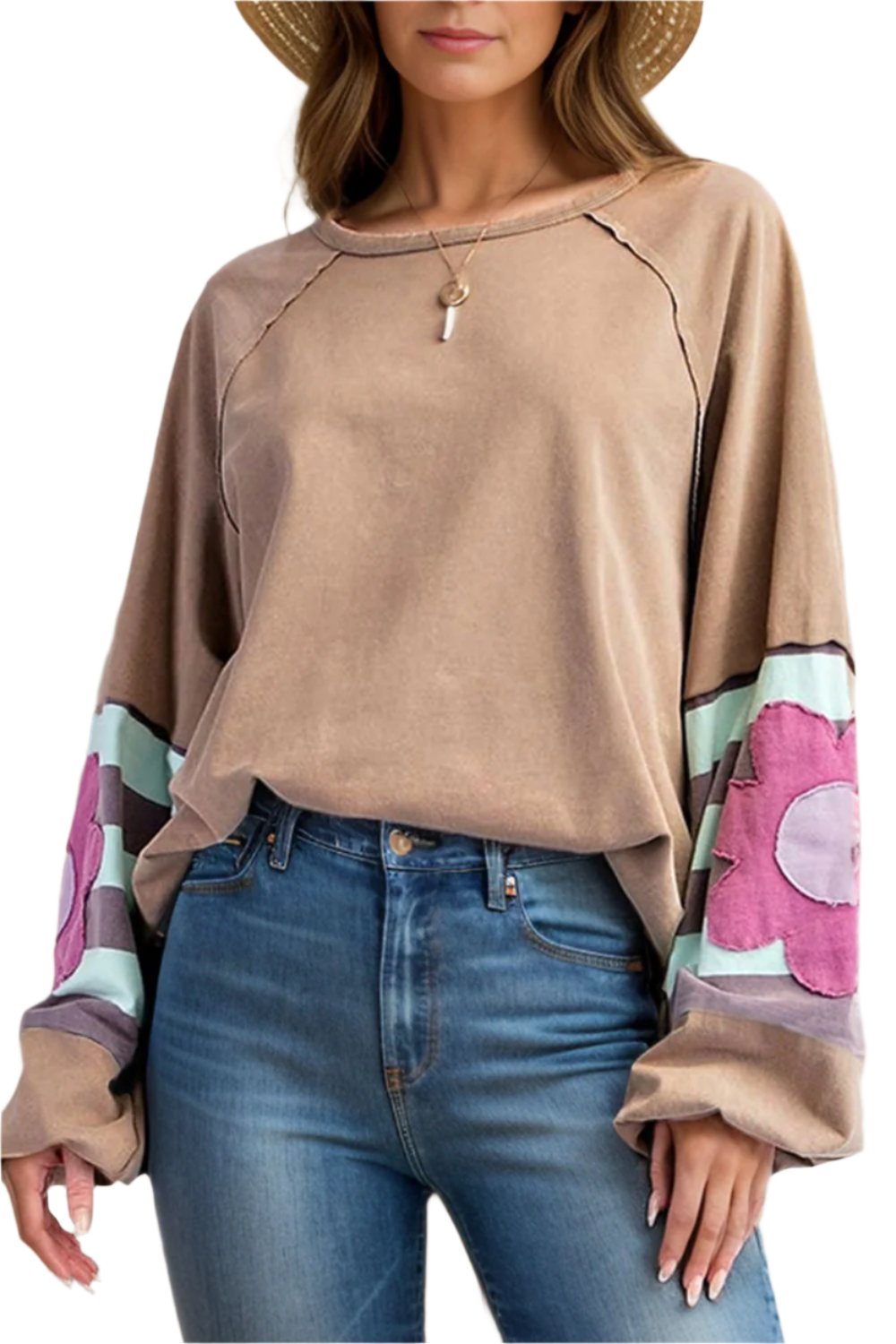 TEEK - Flower Patch Round Neck Balloon Sleeve Top TOPS TEEK Trend Camel S 