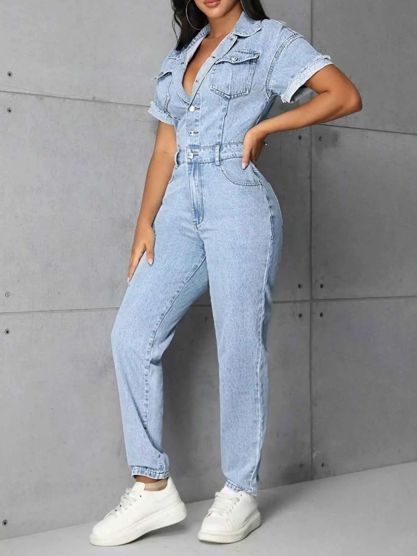 TEEK - Button Front Short Sleeve Denim Jumpsuit Trendsi