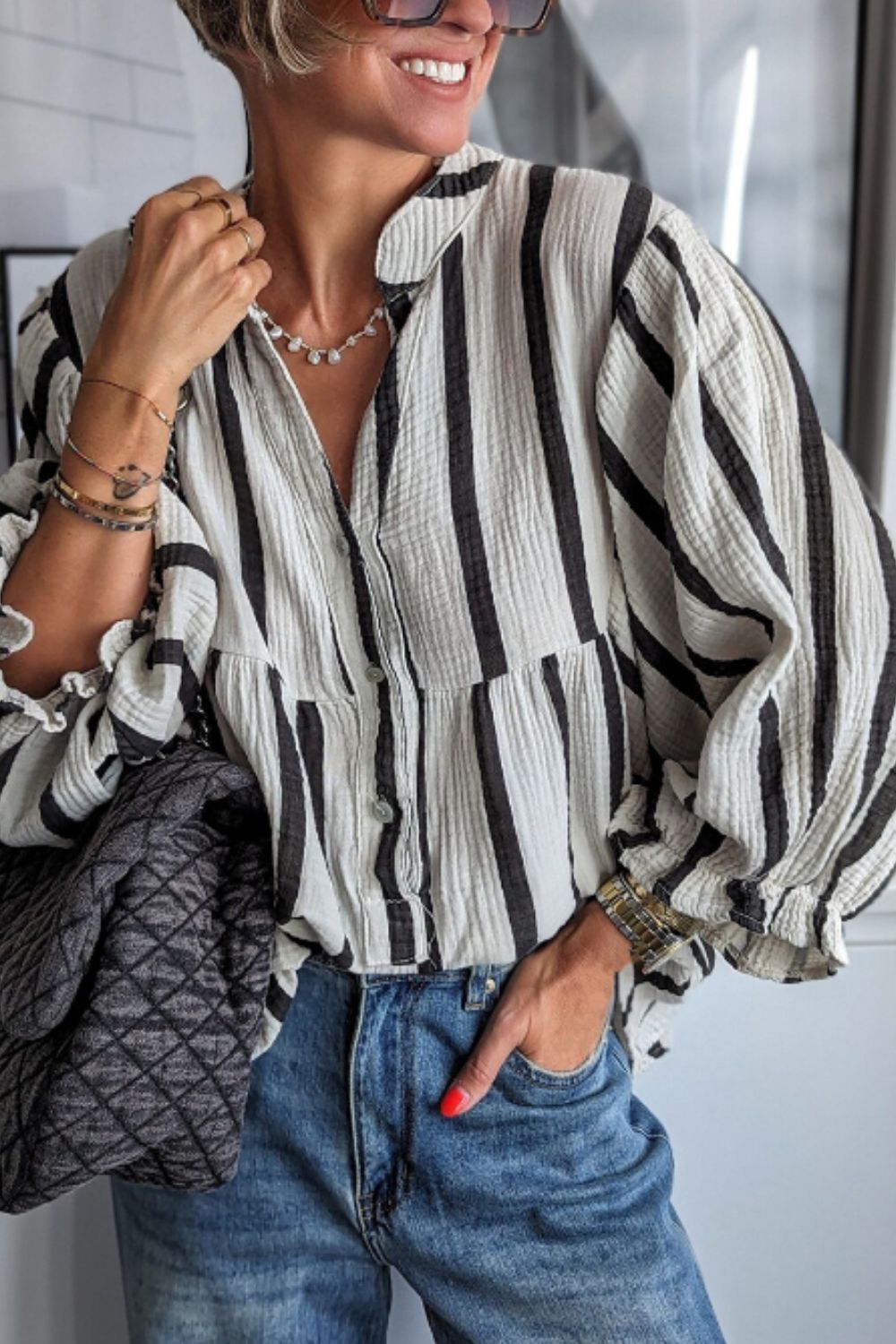 TEEK - Striped Notched Three-Quarter Sleeve Blouse TOPS TEEK Trend