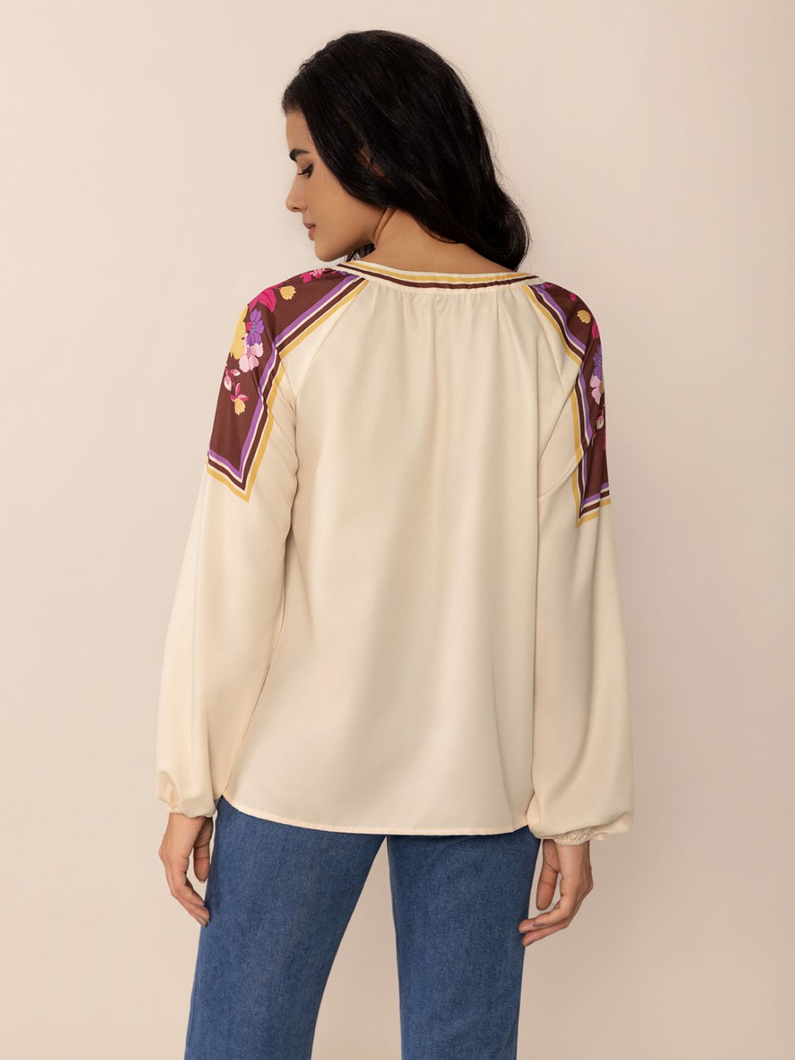 TEEK - Multicolor Printed Notched Long Sleeve Blouse TOPS TEEK Trend