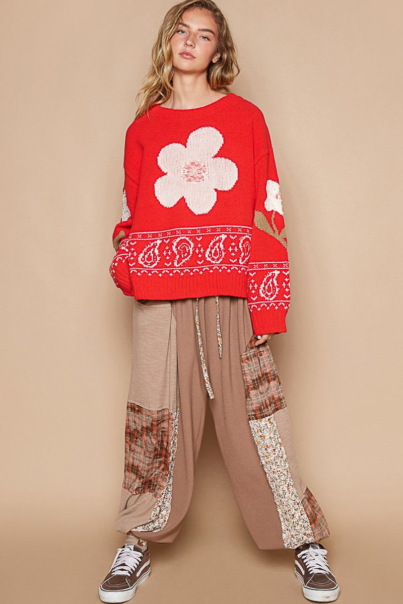 TEEK - Red Flower Lace Patch Long Sleeve Sweater TOPS TEEK Trend