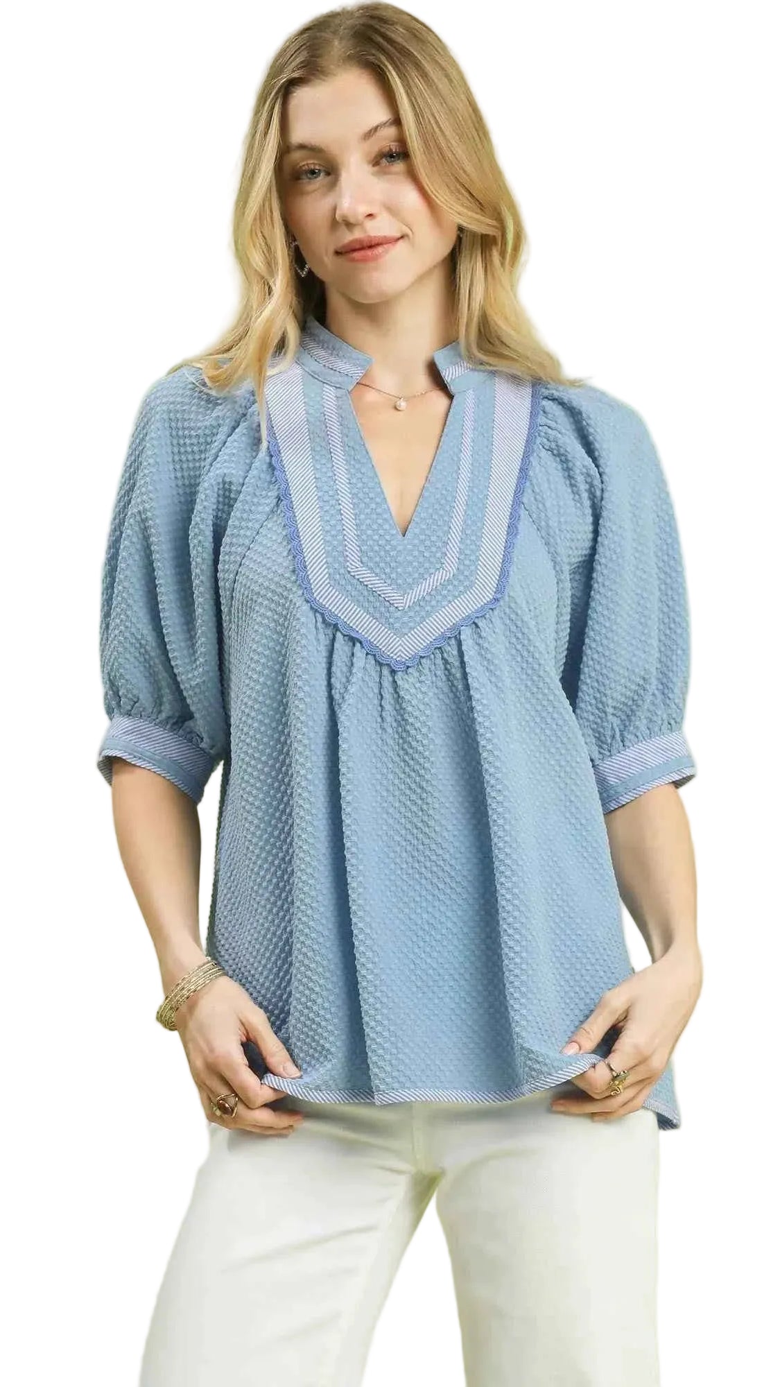 Umgee Textured Jacquard Contrast Trim Top Trendsi LT. BLUE S