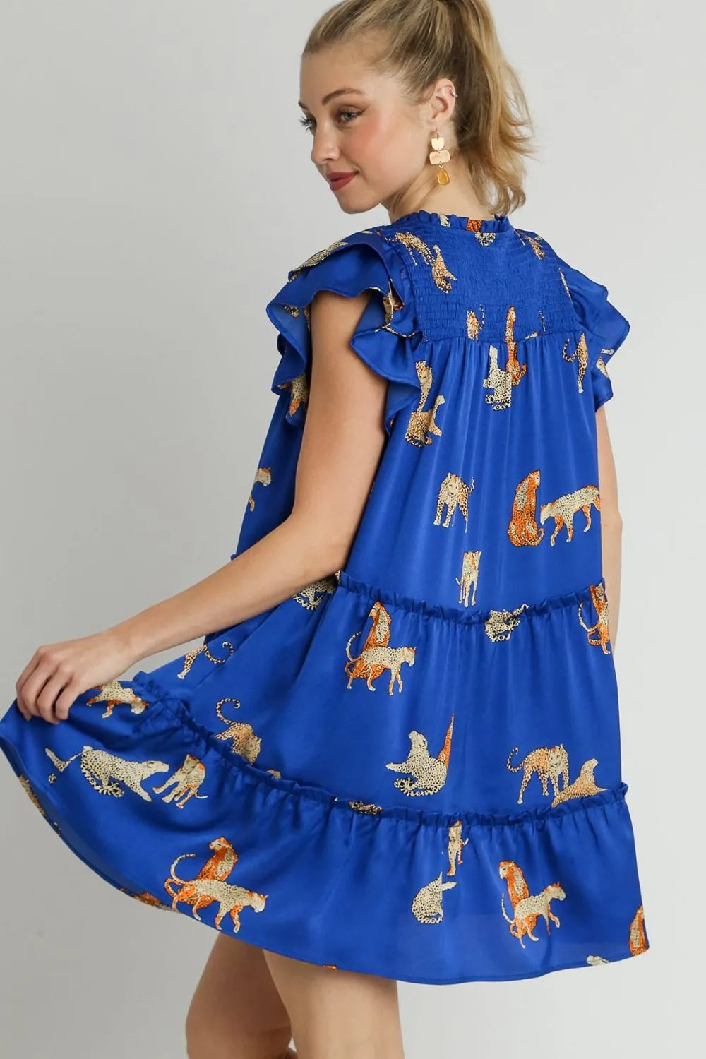 TEEK - Royal Blue Cheetah Notched Ruffle Layered Cap Sleeve Dress DRESS TEEK Trend