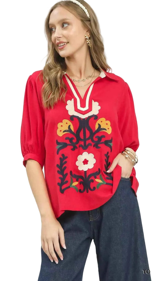 TEEK - Mixed Media V-Neck Print Blouse TOPS TEEK Trend TOMATO S