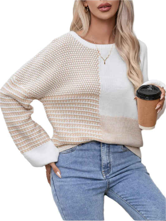 Contrast Round Neck Long Sleeve Sweater TEEK Trend White S