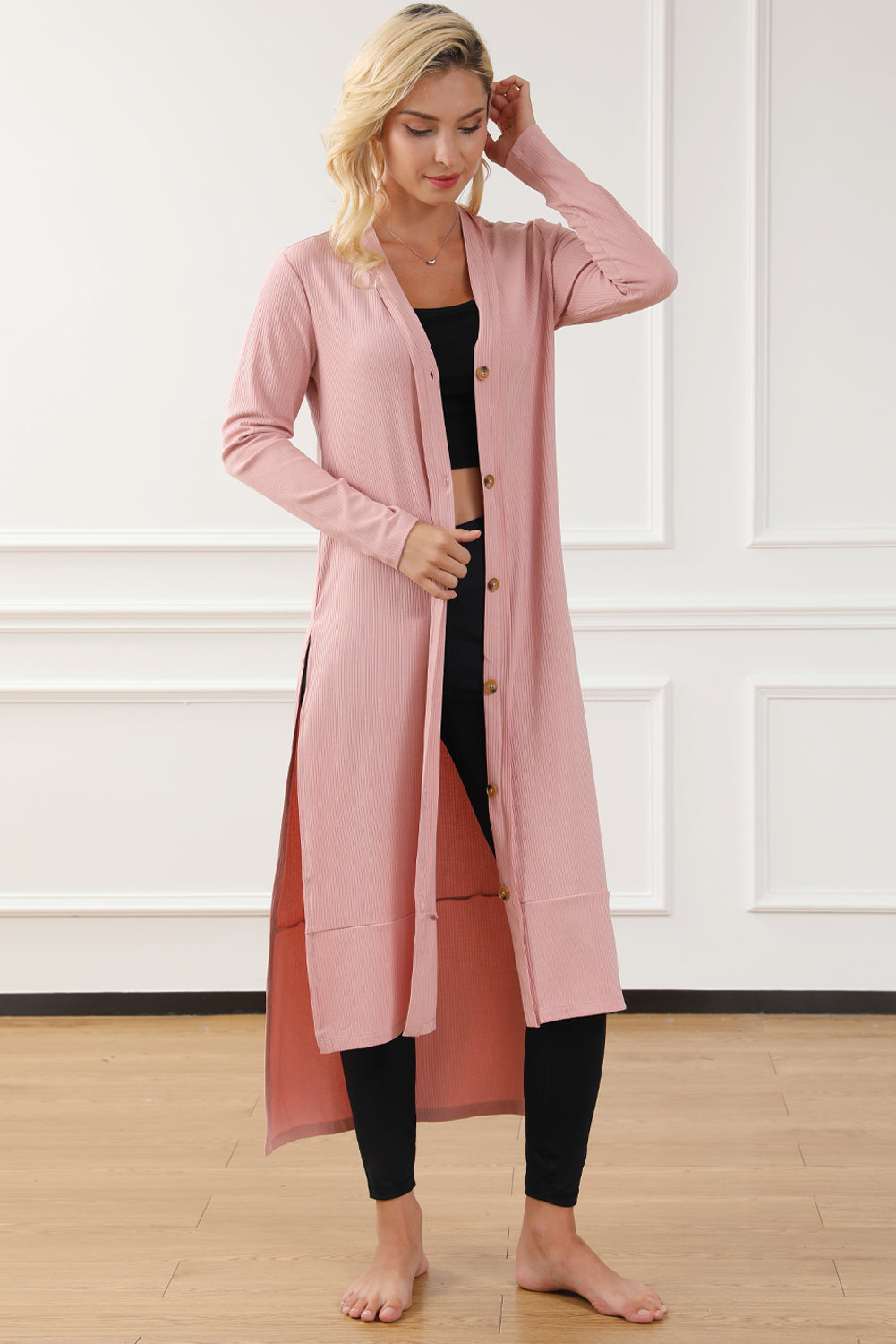 TEEK - Button Up High-Low Long Sleeve Slit Cardigan SWEATER TEEK Trend   