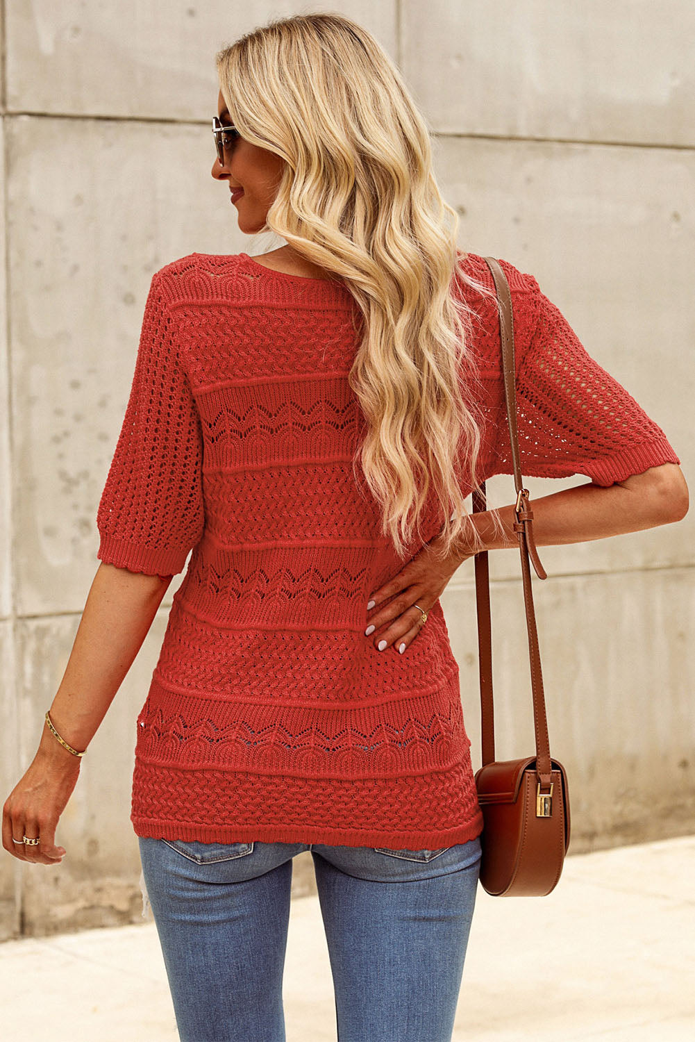 TEEK - Brick Red Open Knit Half Sleeve Knit Top TOPS TEEK Trend   