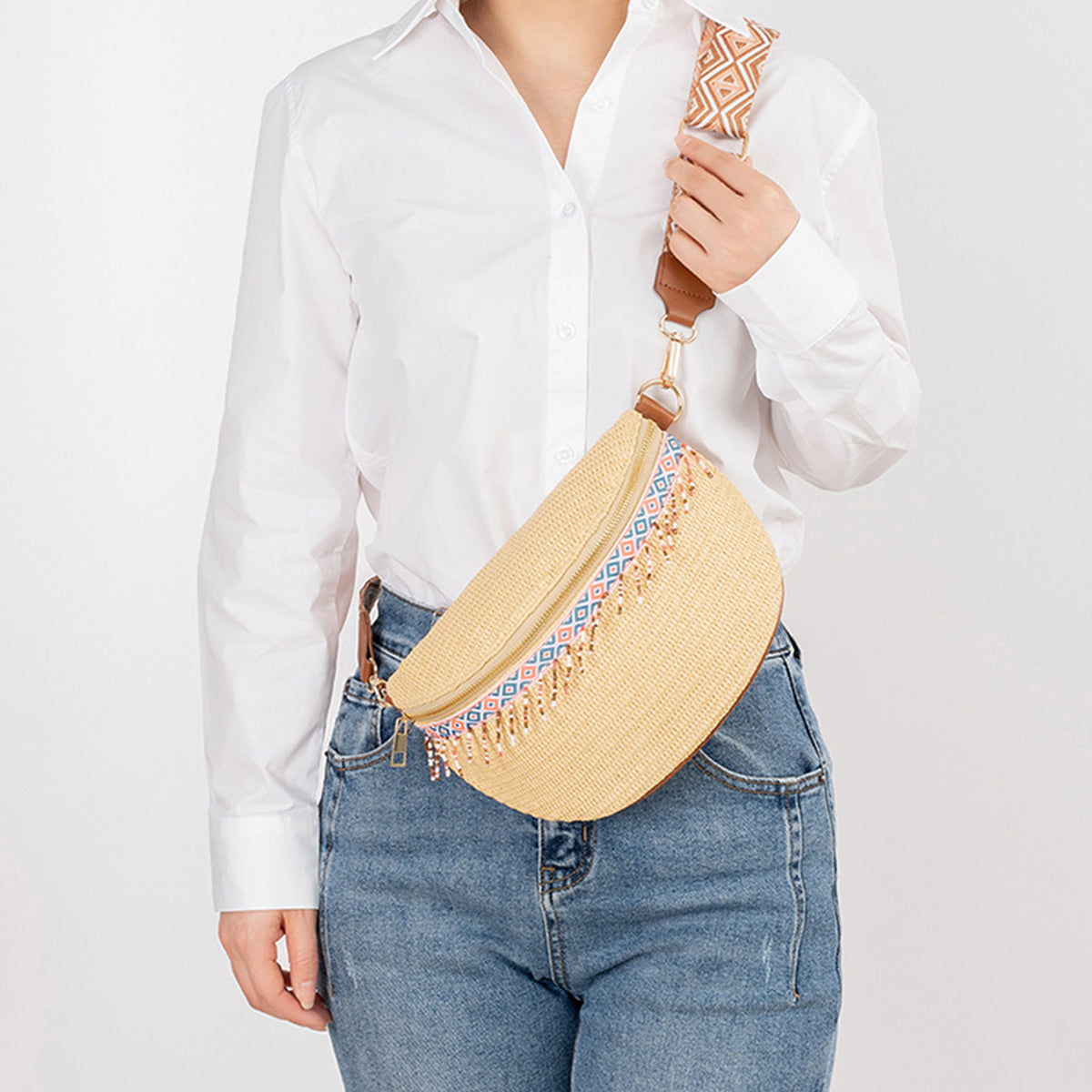 TEEK - Bead Trim Straw Weave Crossbody Bag BAG TEEK Trend   