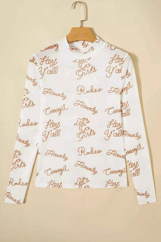 Howdy Hey Yall Mesh High Neck Long Sleeve Top Trendsi