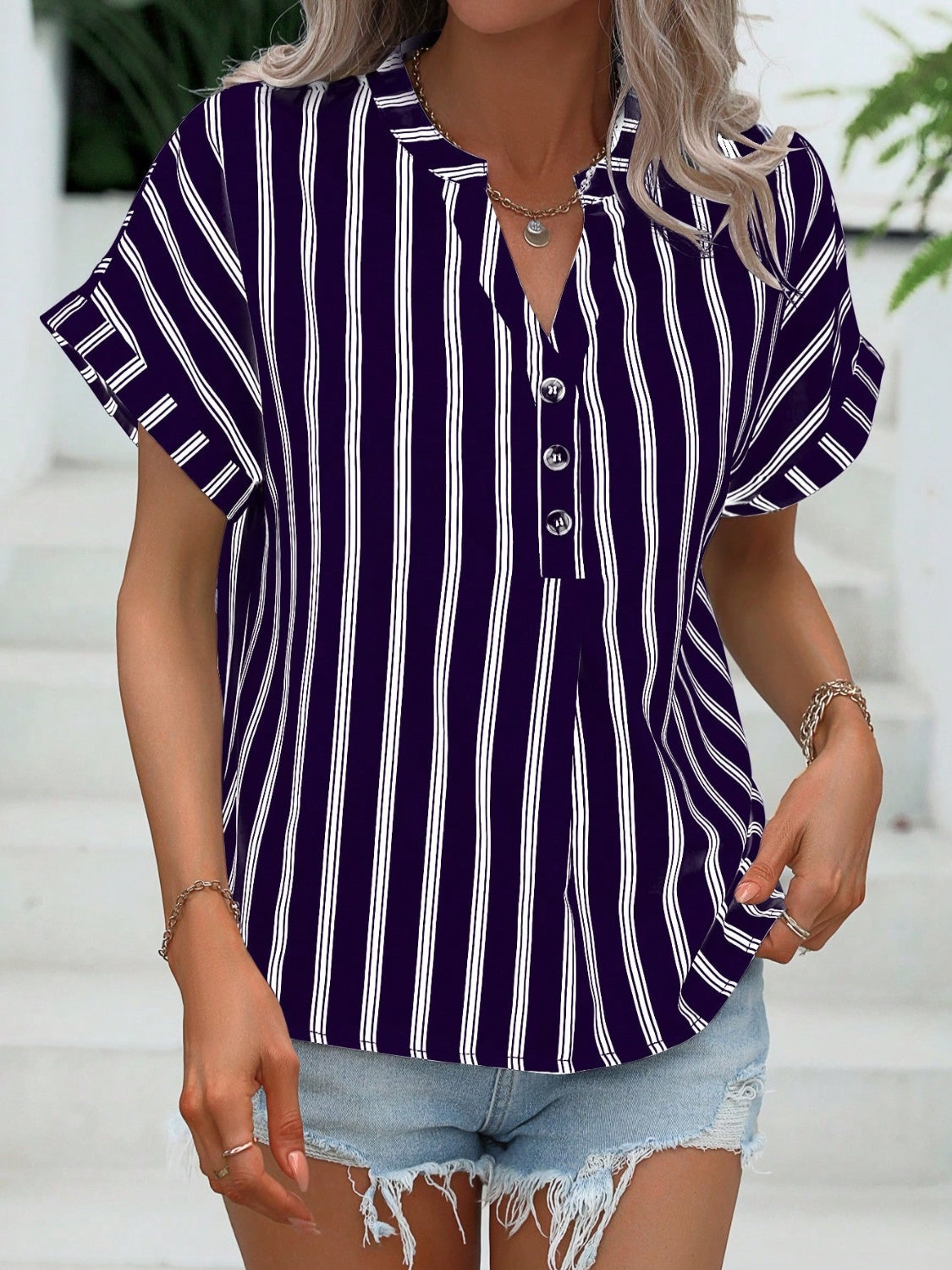 TEEK - Striped Button Notched Short Sleeve Blouse TOPS TEEK Trend   