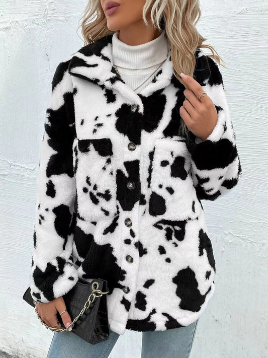 TEEK - Cow Print Collared Neck Button Up Fuzzy Jacket JACKET TEEK Trend