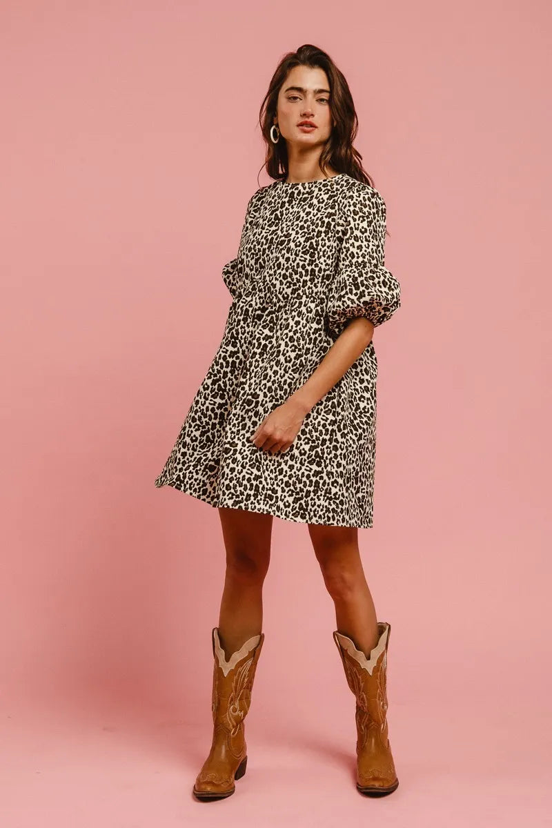 TEEK - Off White Leopard Back Contrast Tie Denim Dress DRESS TEEK Trend