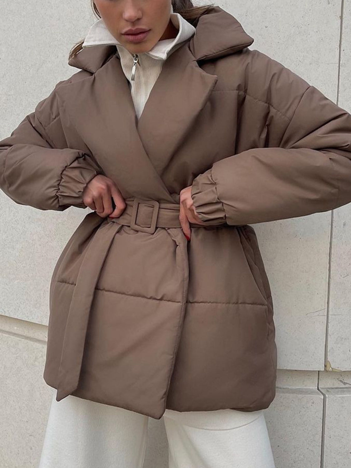 Puffer Long Sleeve Winter Coat with Belt TEEK Trend