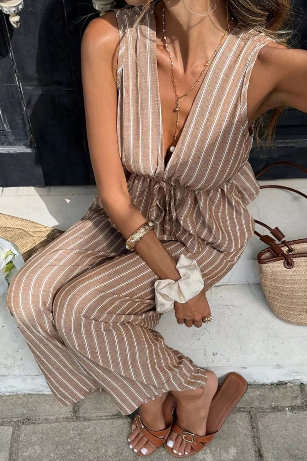 Striped Sleeveless Top and Wide Leg Pants Set Trendsi