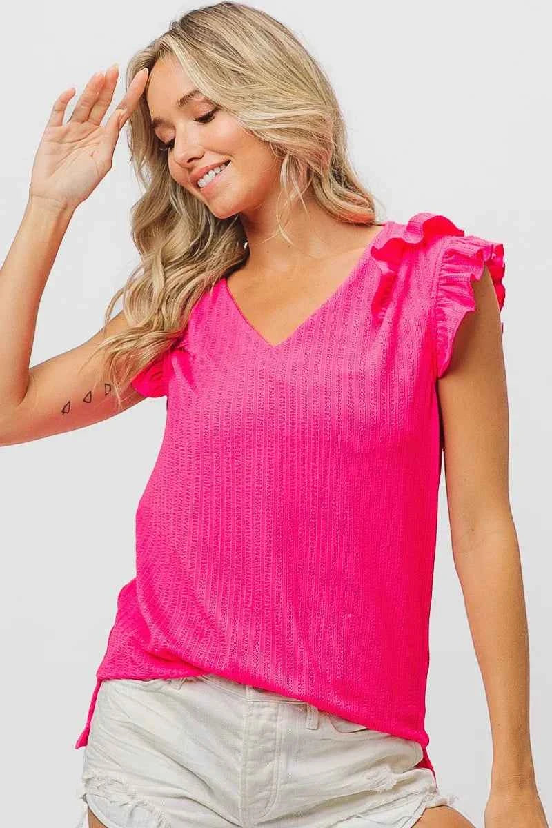 TEEK - Layered Ruffles Armhole V-Neck Rib Textured Top TOPS TEEK Trend