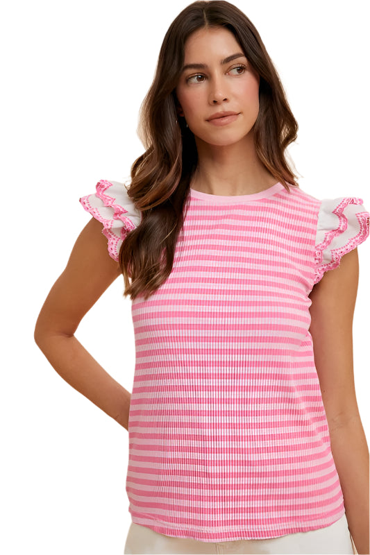TEEK - Pink Ruffled Striped Round Neck Cap Sleeve Knit Top TOPS TEEK Trend S