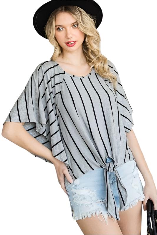 TEEK - PLUS SIZE GREY STRIPE TIE HEM CAPE SLEEVE TOP TOPS TEEK FG   