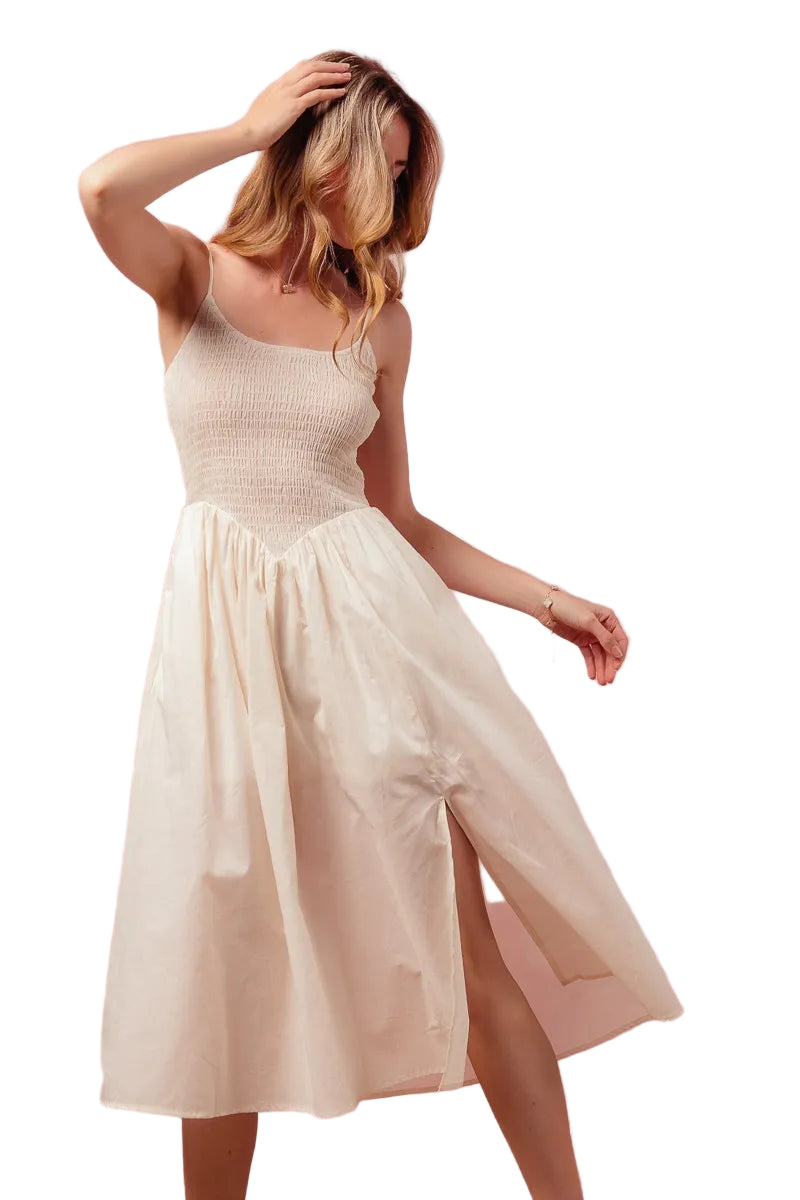 TEEK - Cream Smocked Sleeveless Casual Everyday Dress DRESS TEEK Trend S