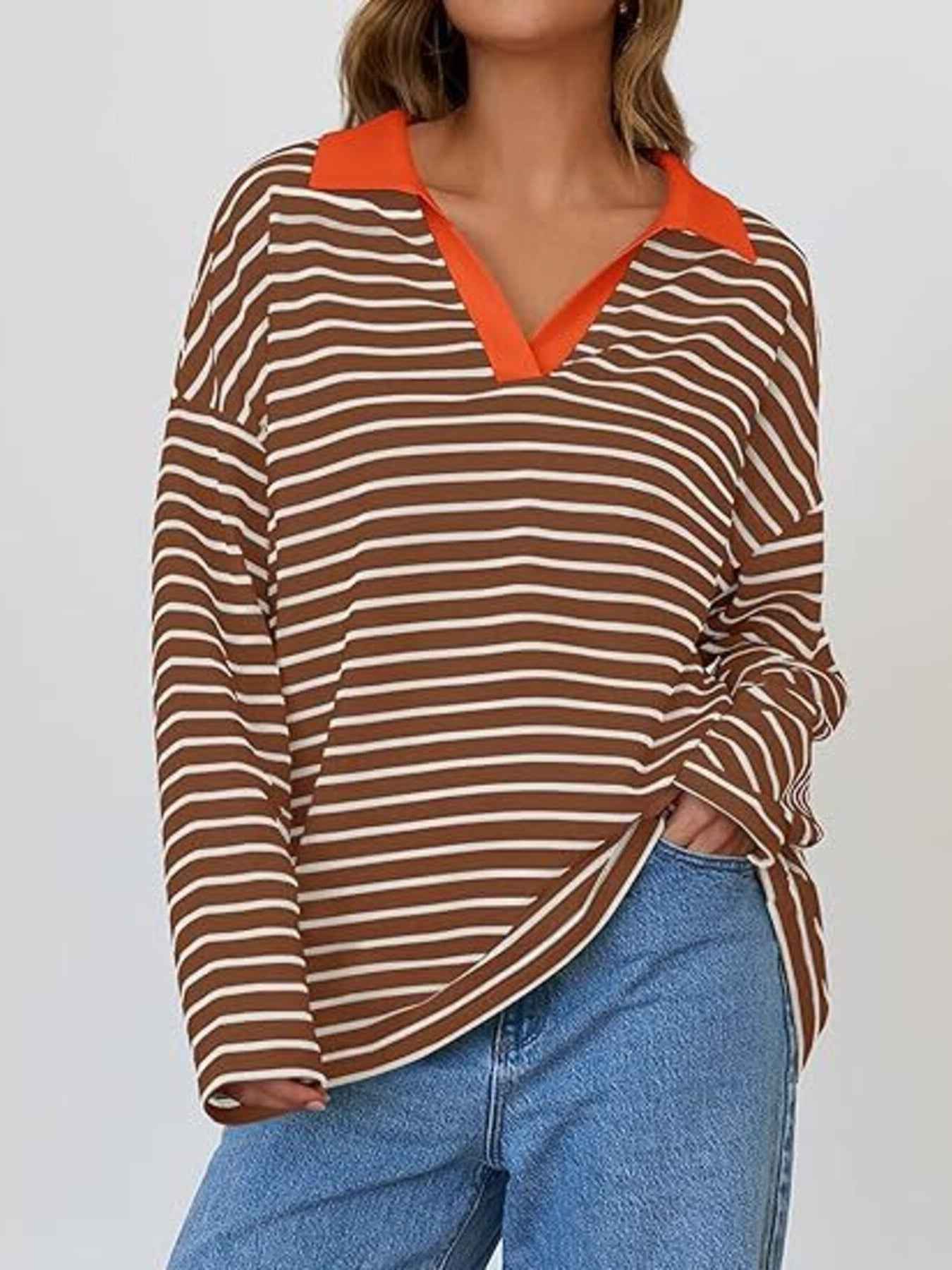 Striped Contrast Collar Long Sleeve Top Trendsi Dark Brown S