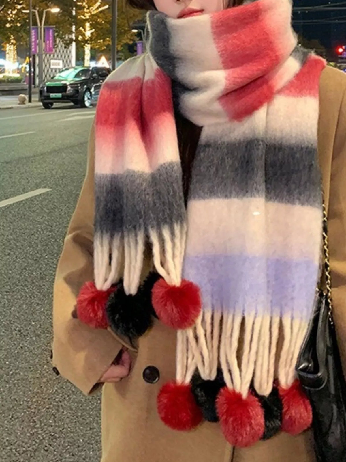 Striped Scarf with Pom-Poms Trendsi