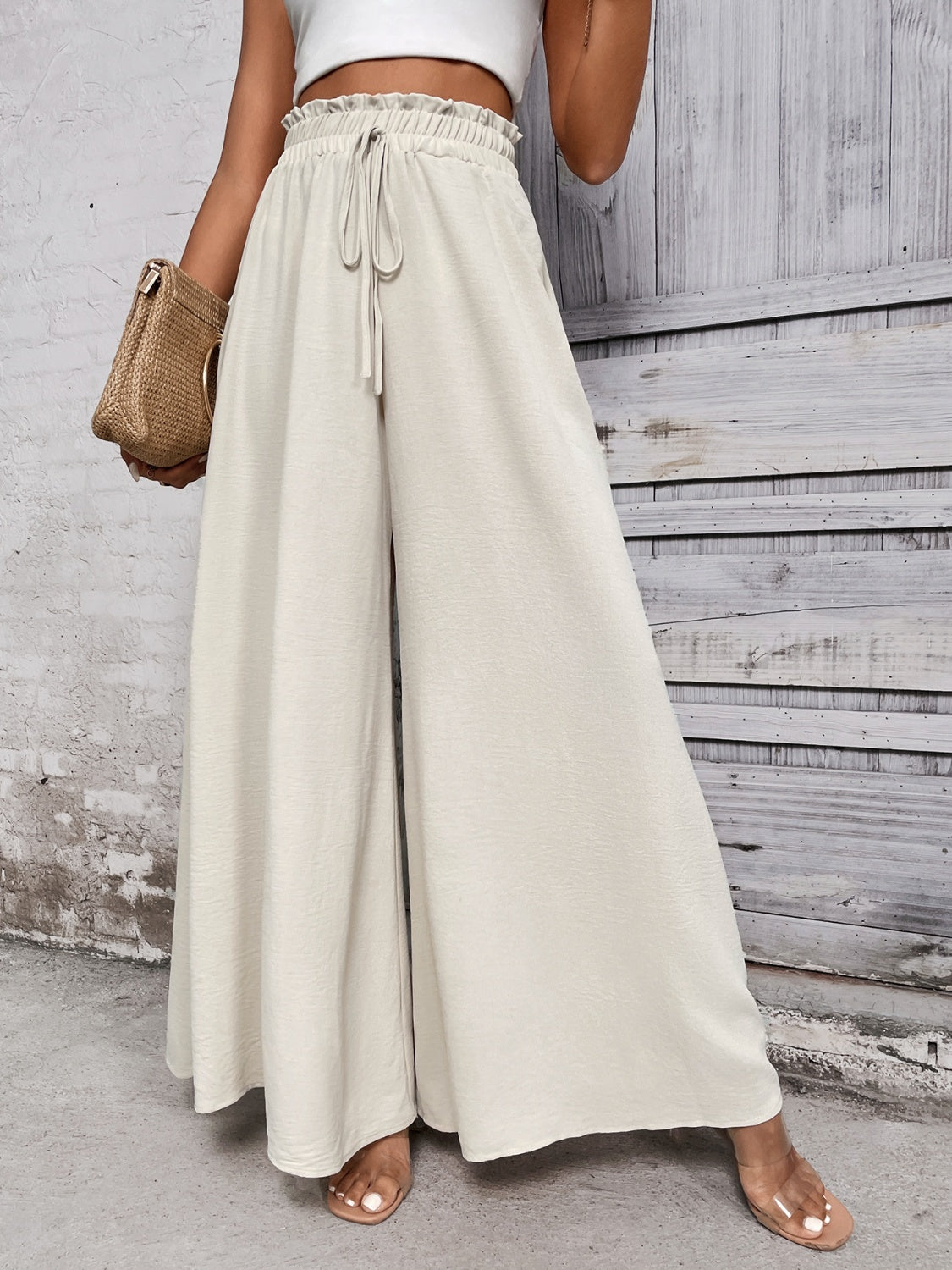 TEEK - Tied High Waist Wide Leg Pants PANTS TEEK Trend Beige S 