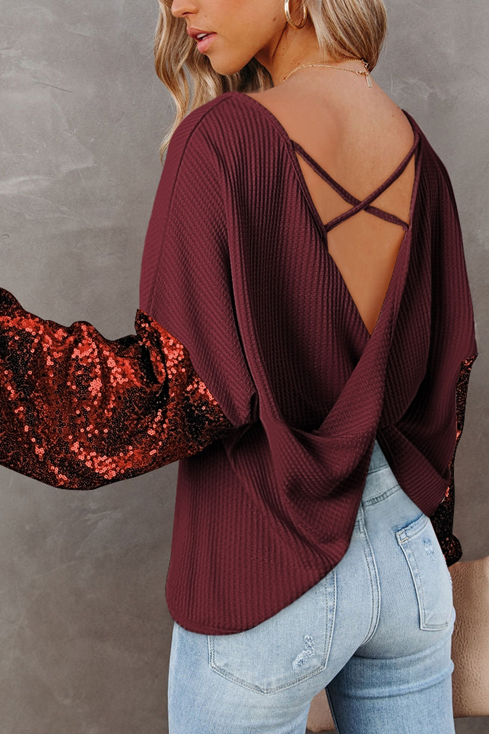 TEEK - Sequin Crisscross Boat Neck Long Sleeve Blouse TOPS TEEK Trend