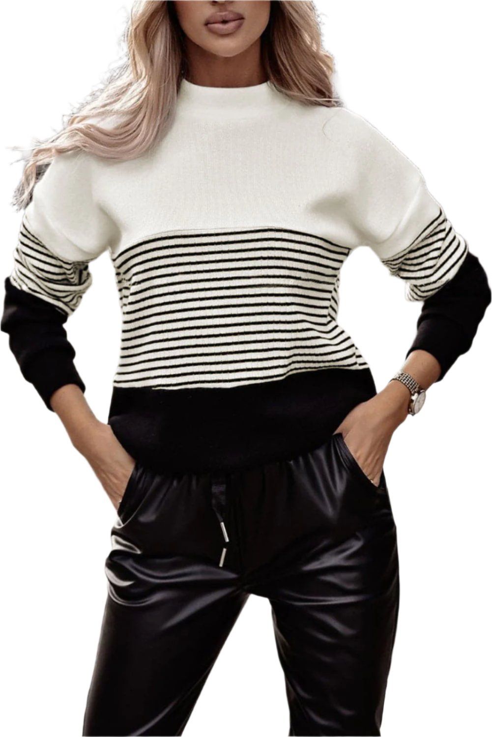 TEEK - Black Striped Color Block Long Sleeve Knit Top TOPS TEEK Trend M