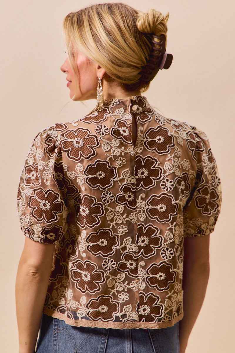 SO ME Texture Floral Mesh Top With Back Button Closure Trendsi