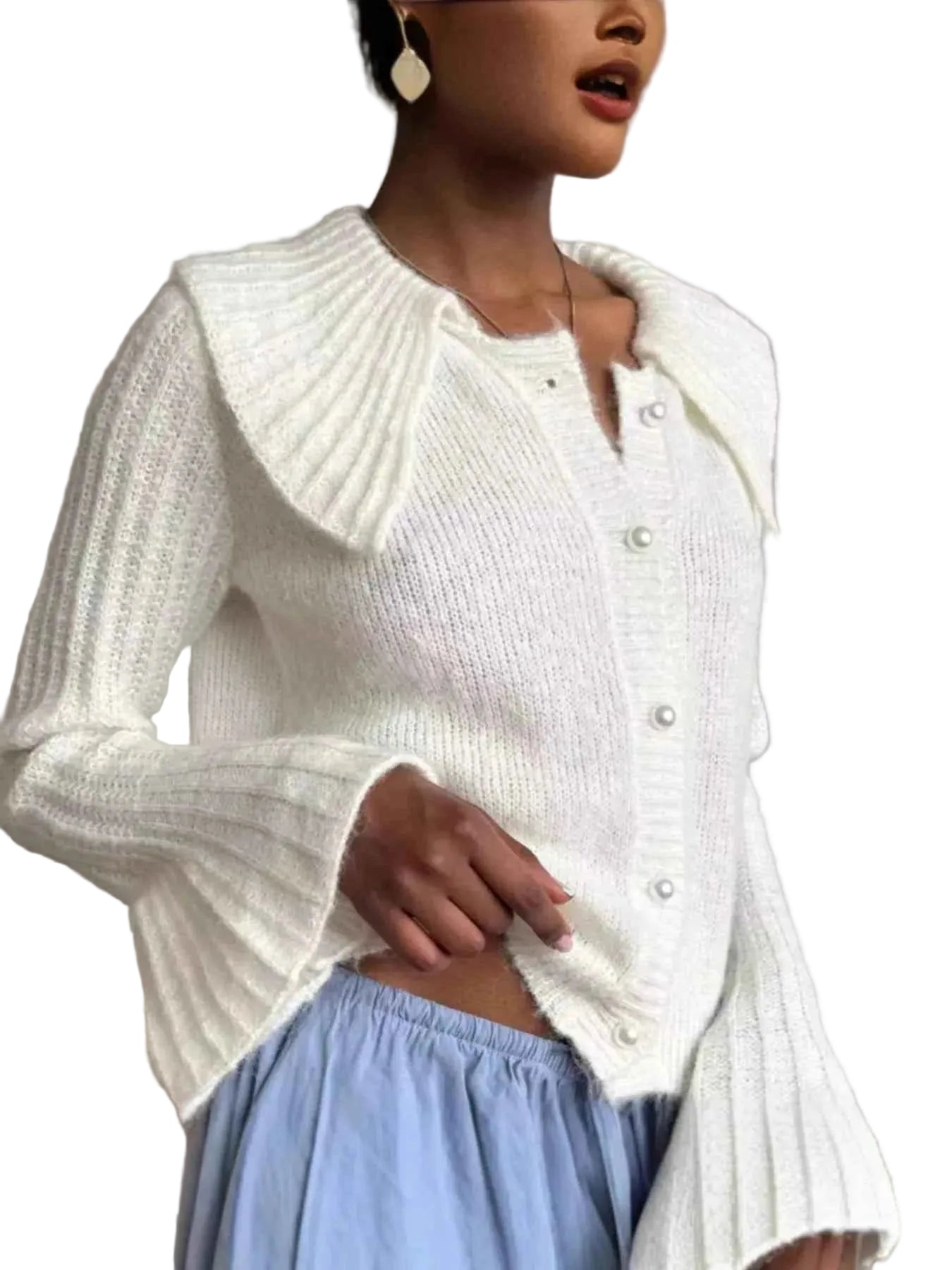 Button Up Flare Sleeve Cardigan Trendsi White S