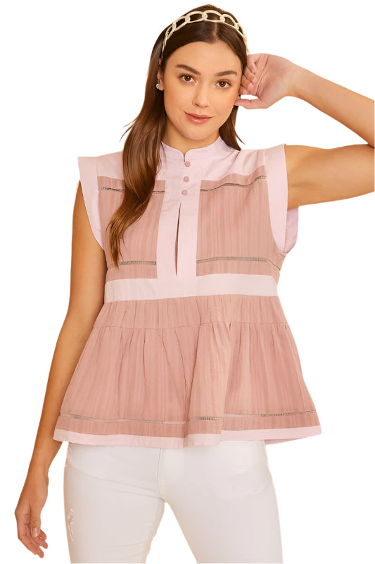 TEEK - Dusty Pink Contrast Trim Peplum Button Blouse TOPS TEEK Trend S