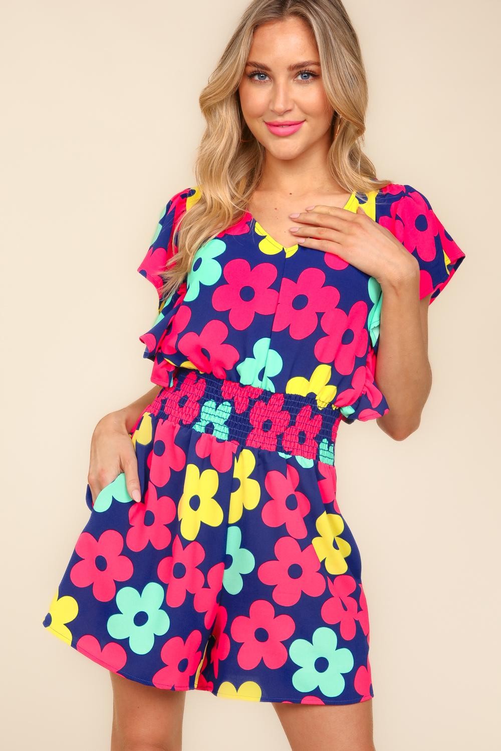 TEEK - Navy Fuchsia Floral Smocked Waist Pocketed Romper JUMPSUIT TEEK Trend   