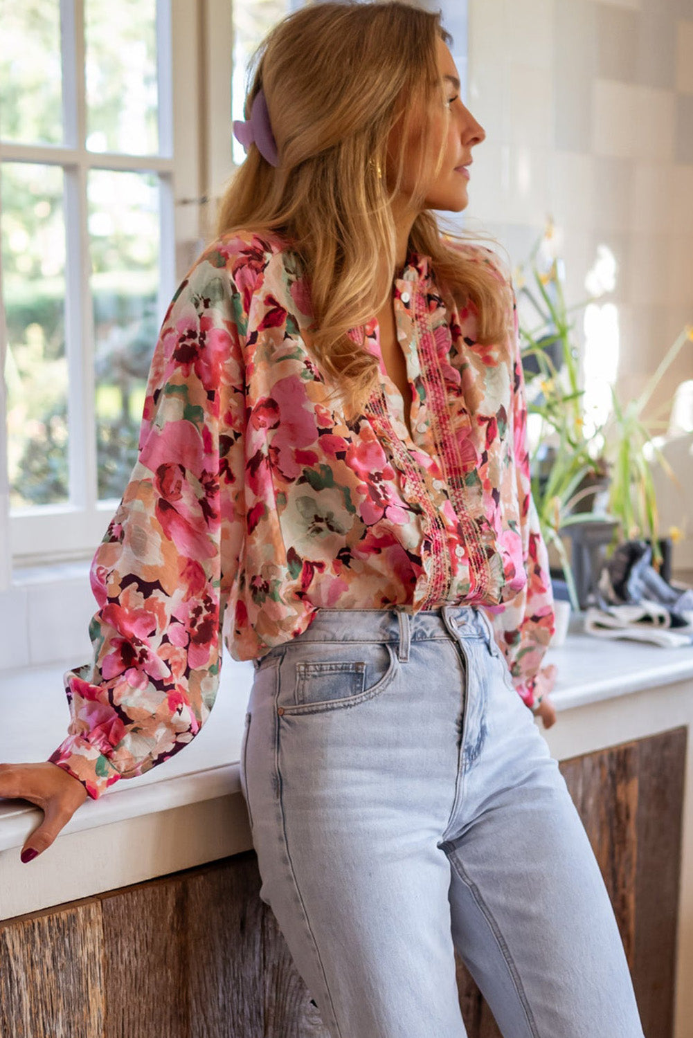 TEEK - Pink Frill Floral Button Down Long Sleeve Shirt TOPS TEEK Trend