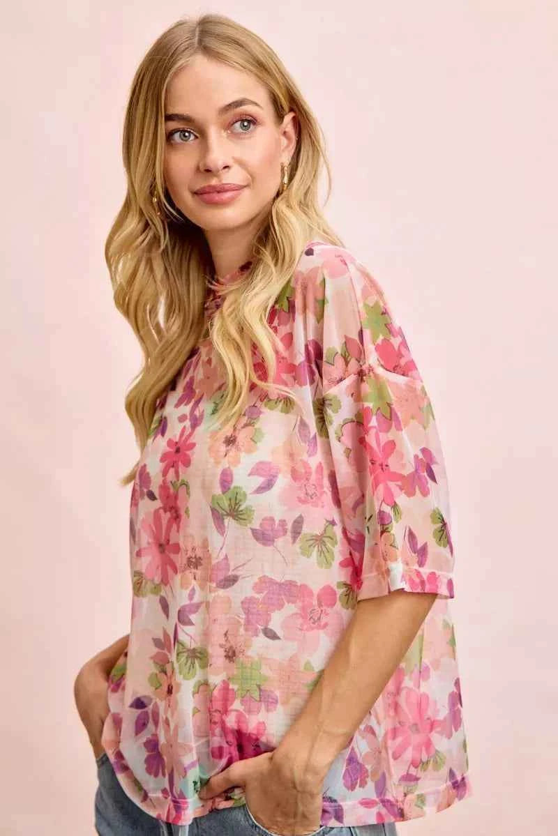 BiBi Floral Print Short Sleeves Boxy Mesh Top Trendsi