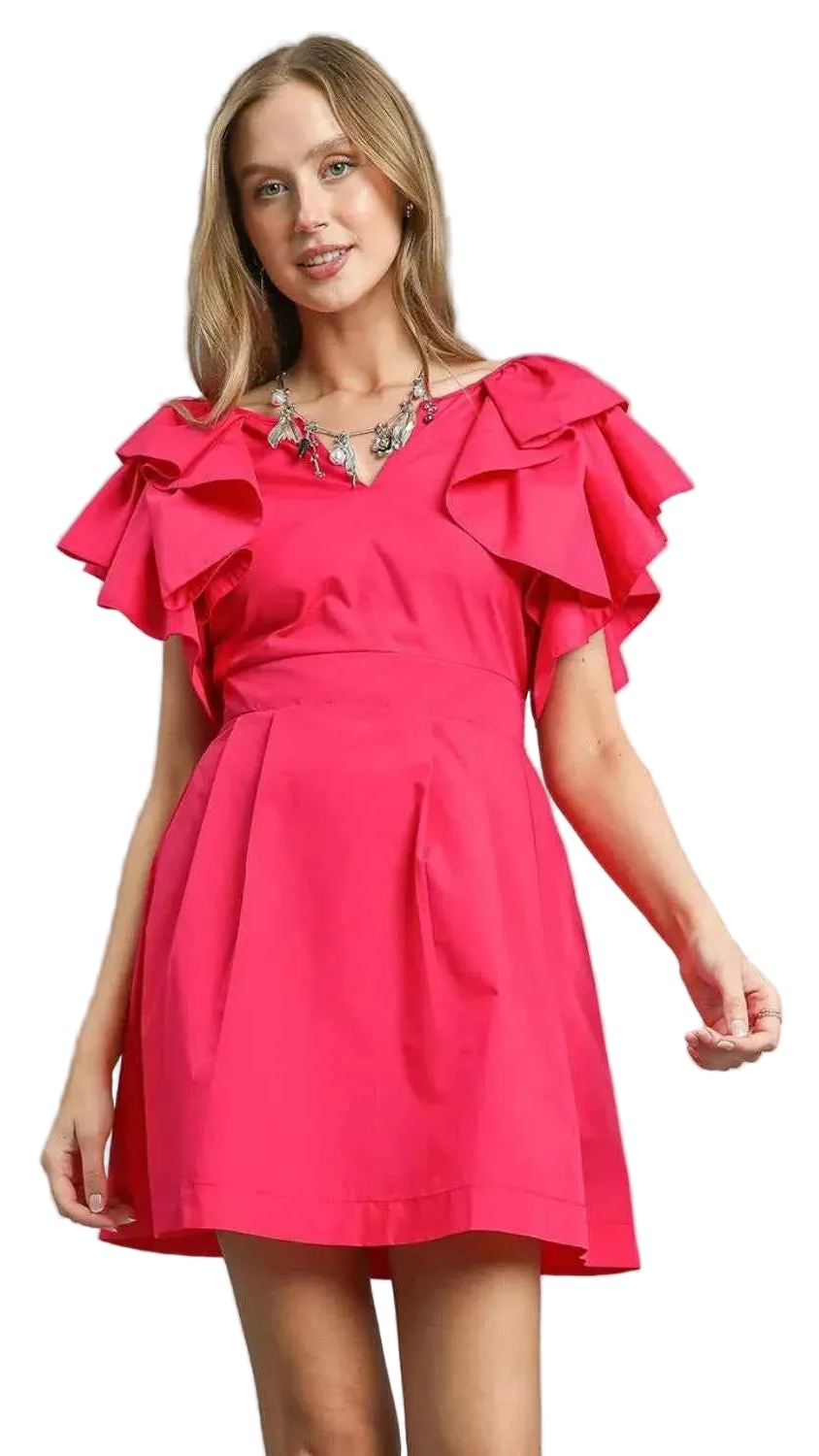 TEEK - Double Ruffle Sleeve Fit and Flare Dress DRESS TEEK Trend Deep Rose S