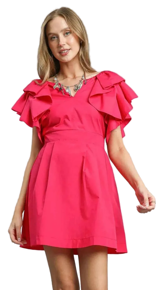 TEEK - Double Ruffle Sleeve Fit and Flare Dress DRESS TEEK Trend Deep Rose S