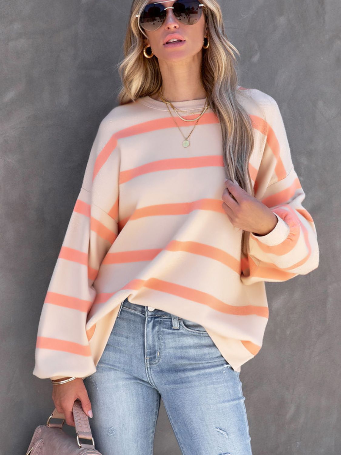 TEEK - Sherbet Striped Round Neck Long Sleeve Sweatshirt TOPS TEEK Trend