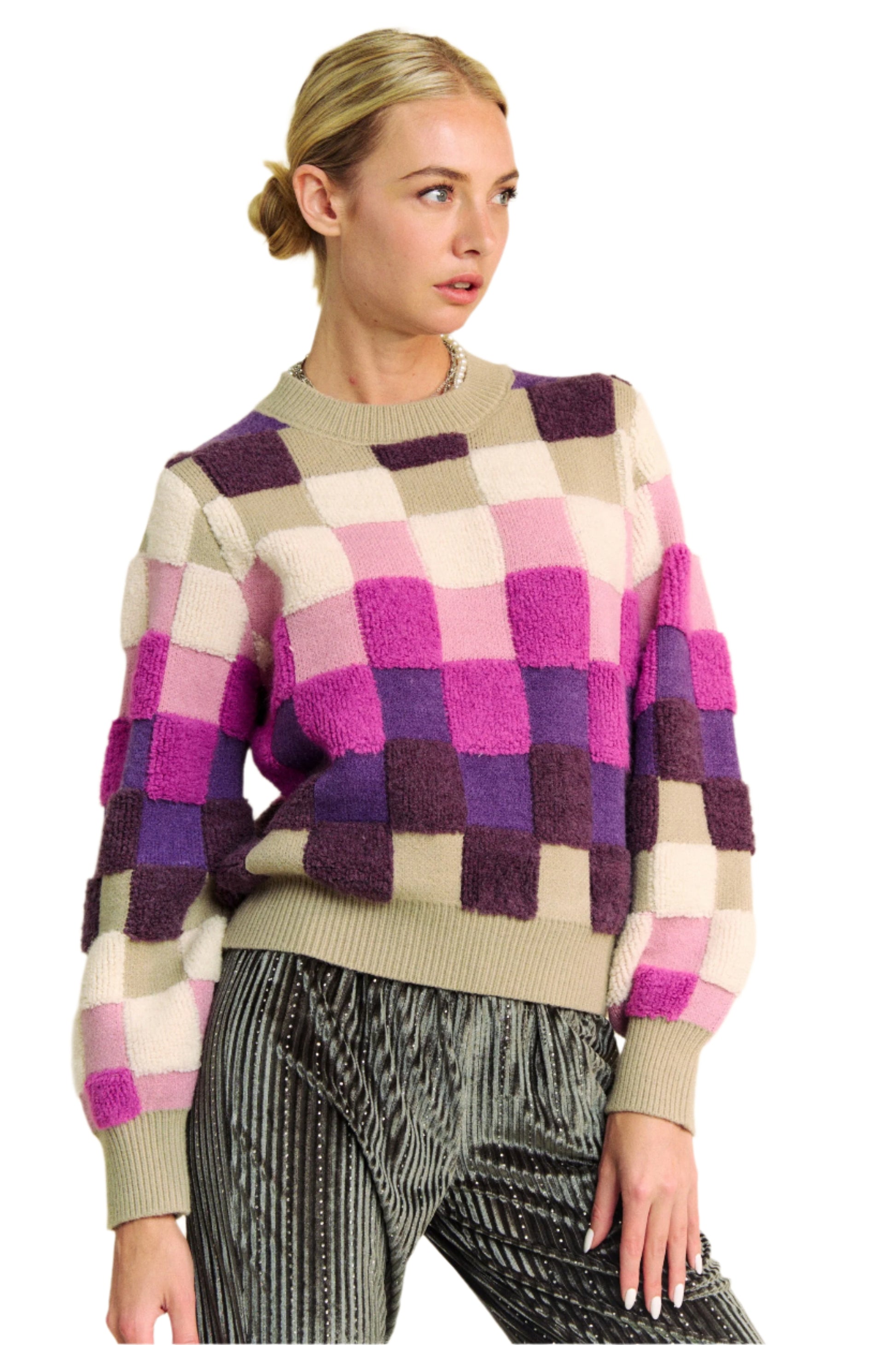 TEEK - Purple Multi Checkered Round Neck Long Sleeve Sweater TOPS TEEK Trend S
