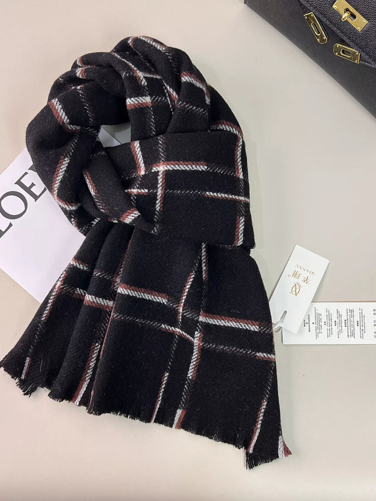 TEEK - 100% Wool Raw Hem Plaid Scarf SCARF TEEK Trend Black One Size