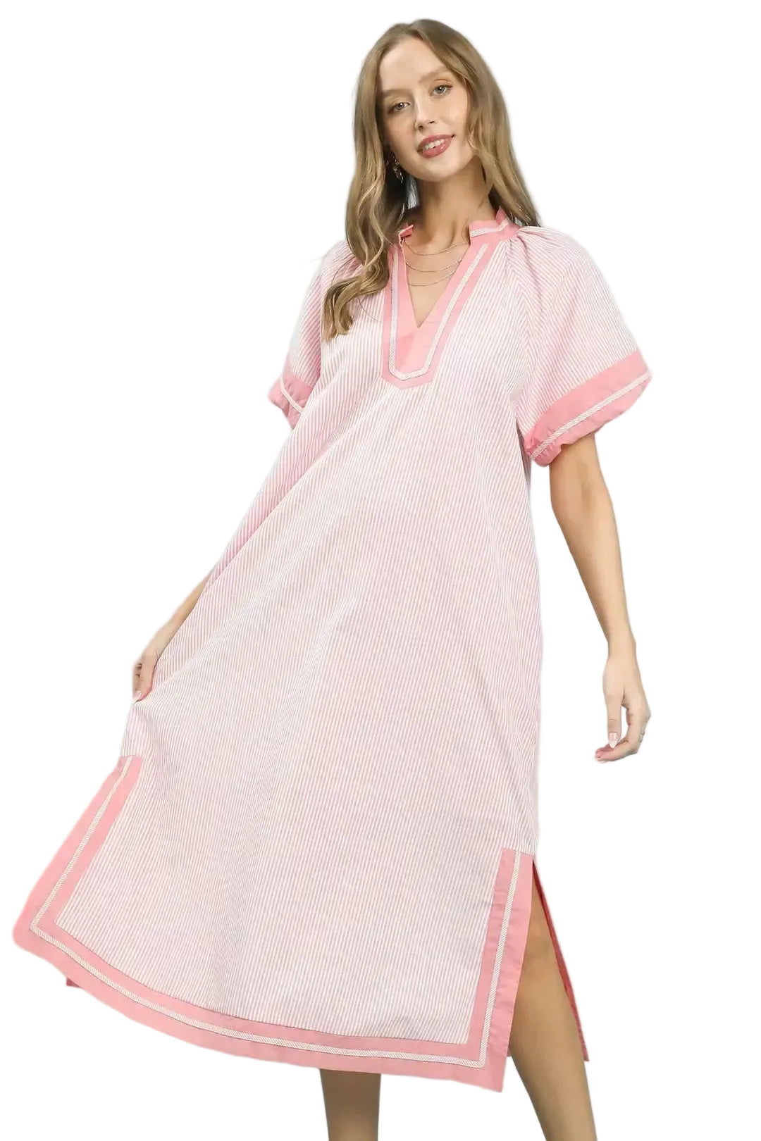 TEEK - Pinstripe Contrast Trim Midi Dress DRESS TEEK Trend PINK S